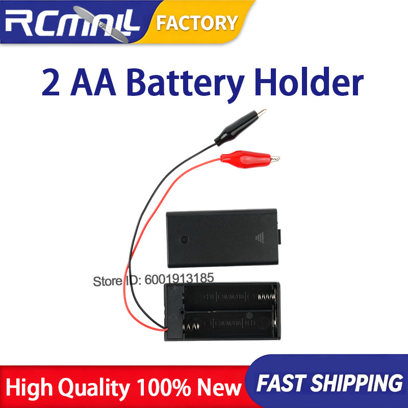 Battery Case Storage - กล่องใส่แบตเตอรี่ 2 AA 3V พร้อมคลิปหนีบแบบจระเข้และฝาปิดสวิตช์ สำหรับจัดเก็บพลังงาน